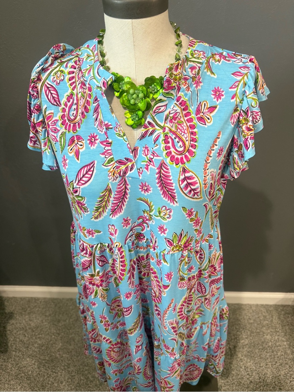 Light Blue Paisley V-Neck Tiered Mini Dress - Picture 3 of 7